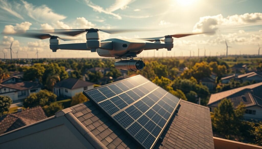 A detailed 3D render of a solar project site, captured by a drone equipped with specialized measurement sensors. The drone hovers above a residential rooftop, its sleek fuselage and rotating propellers casting dynamic shadows. Sunlight streams through wispy clouds, illuminating the scene with a warm, golden glow. In the foreground, the drone's camera sensors meticulously map the rooftop's contours, producing precise 3D data for solar panel layout and installation planning. The middle ground showcases the surrounding neighborhood, with lush trees and well-maintained homes. In the distance, the horizon is dotted with towering wind turbines, symbolizing the renewable energy ecosystem. The overall atmosphere conveys a sense of technological innovation, environmental consciousness, and a streamlined workflow for solar project development.