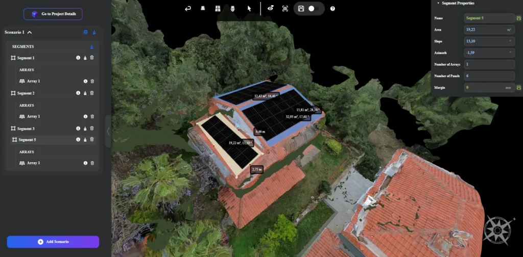 Advanced 3D modeling in the Render-a solar design platform showcasing an engineered digital twin with modeling with millimeter precision for complex rooftop geometries.