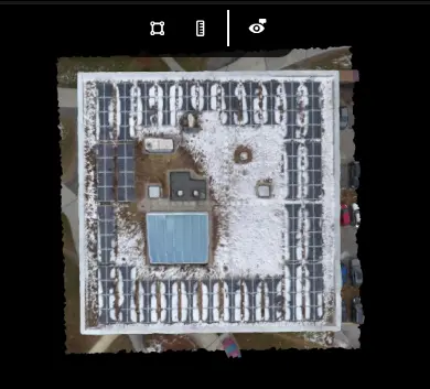 A snowy building modeling project successfully completed by render-a under heavy snowfall: The left panel shows the moment of data collection with a drone in harsh conditions, while the right panel displays the digital twin of the building created with 1:1 precision alongside accurate measurement analyses.
