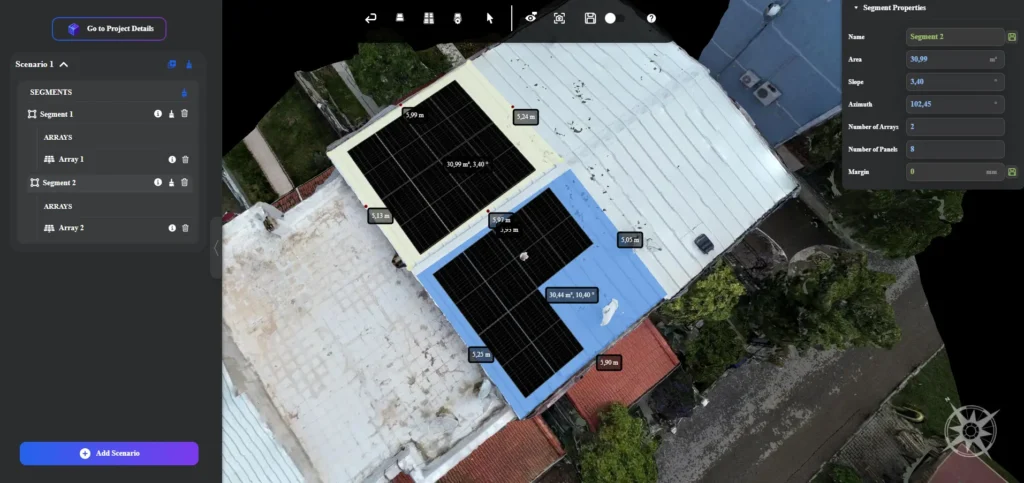 Render-a solar design software interface demonstrating modeling with millimeter precision, featuring optimized solar panel layouts and automated shading analysis.