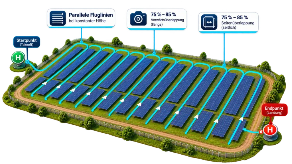 Drohnen-Rasterflug über einer Freiflächen-PV-Anlage für die präzise Solarplanung.