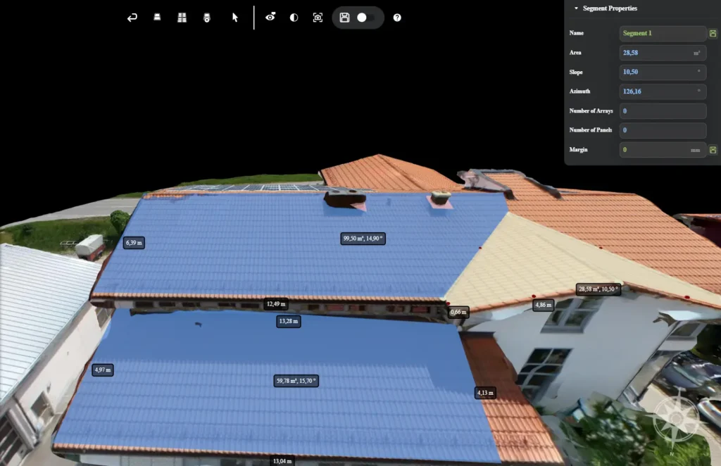 Drone roof measurement tool showing structural pitch angles and obstacle setback mapping for solar compliance.