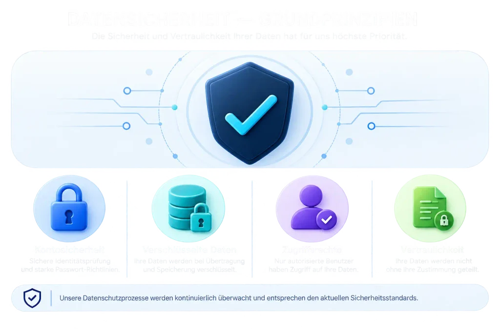 Grundprinzipien der Datensicherheit: Kontosicherheit, verschlüsselte Daten und Zugriffsrechte.