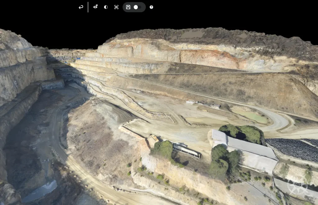 Comprehensive 3D land surveying digital twin integrating steep terrain topography with site structures and industrial facilities.