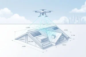 Render-a Experte führt eine präzise Drohnevermessung an einem komplexen Gebäude durch. Die eingesetzte Drohne liefert eine Detaillierte Dachansicht, die als Datengrundlage für unsere zentimetergenaue 3D-Dachkartierung dient.