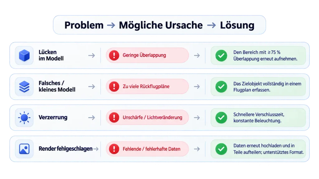 Tabelle zur Fehlerbehebung: Ursachen und Lösungen für Lücken im 3D-Modell und fehlgeschlagene Render.